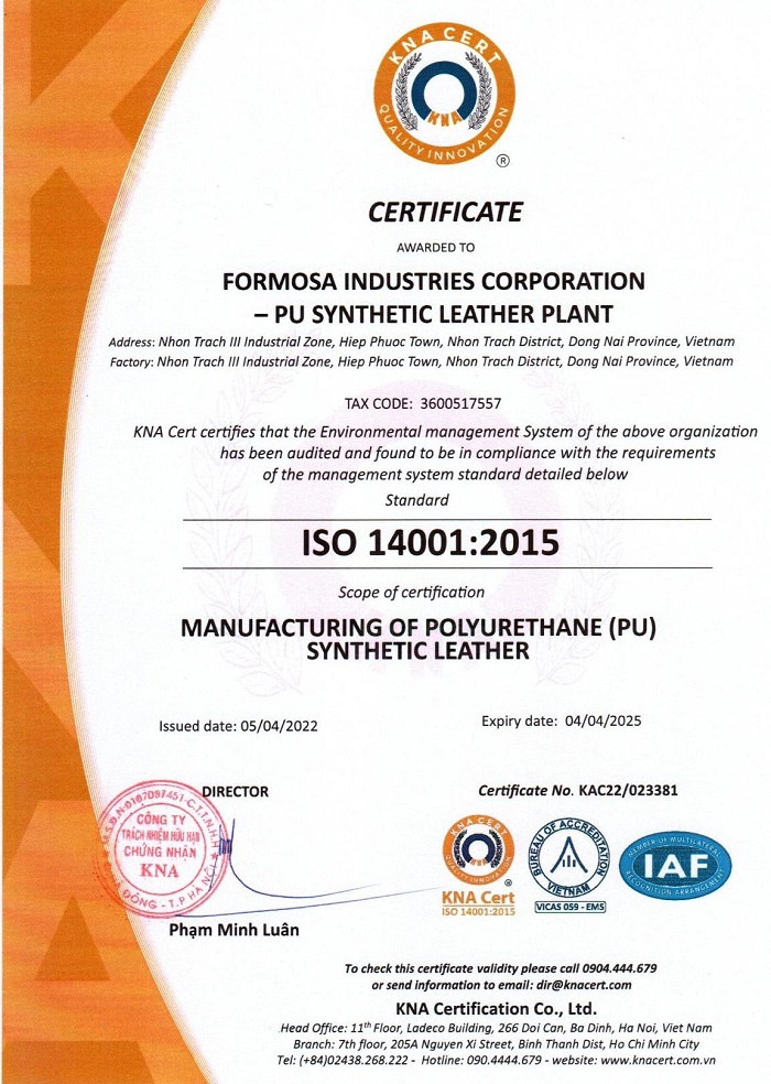 chứng nhận iso 14001 cho công ty hưng nghiệp formosa
