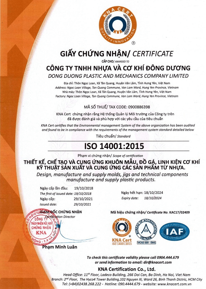 CHỨNG NHẬN ISO 14001 NHỰA CƠ KHÍ ĐÔNG DƯƠNG