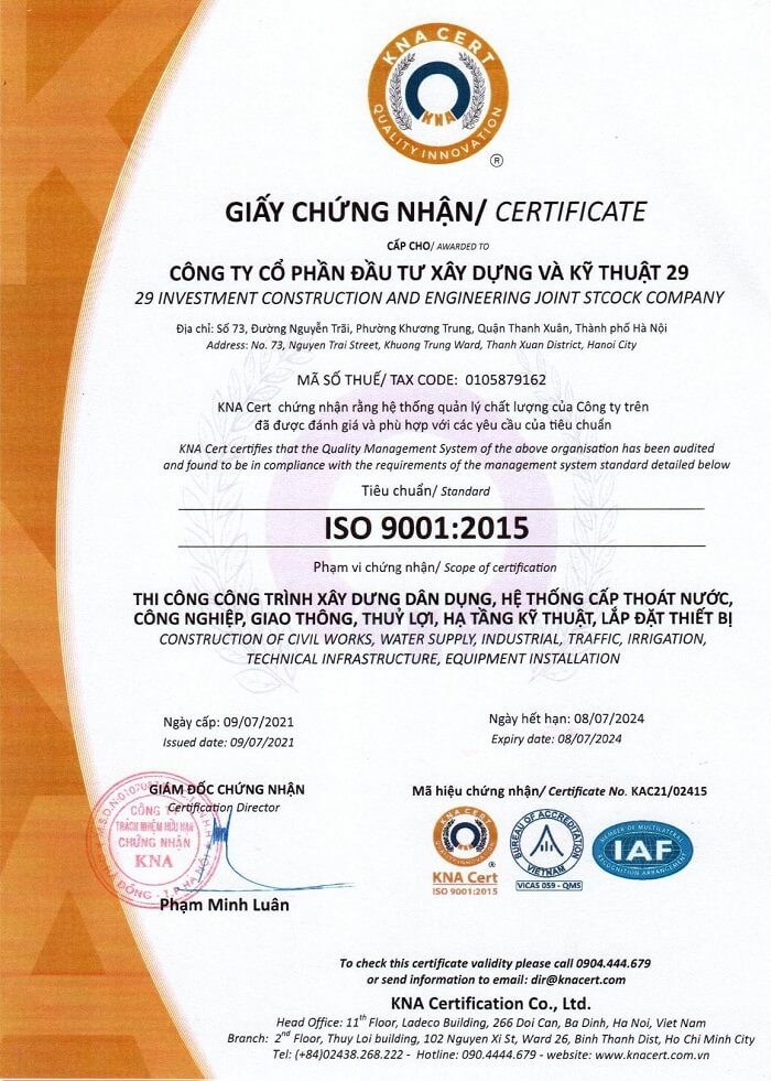chứng nhận iso 9001:2015 cho công ty cp đàu tư xây dựng kỹ thuật 29