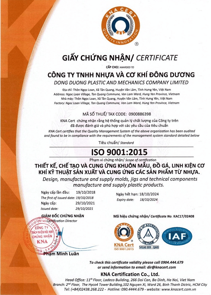 chứng nhận iso 9001 nhựa cơ khí đông dương 