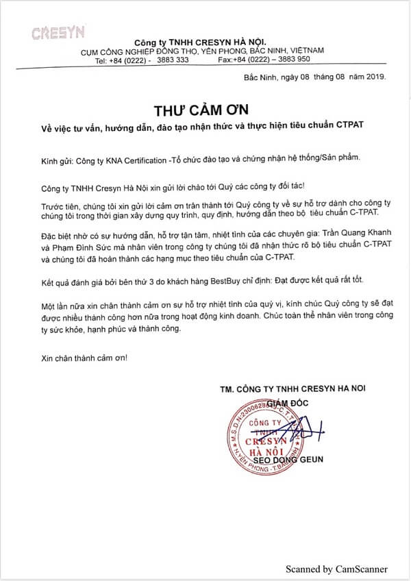 THƯ CẢM ƠN CỦA CRESYN 