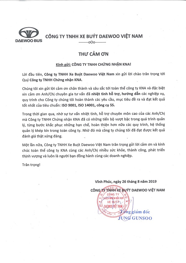 thư cảm ơn của công ty tnhh xe bus daewoo