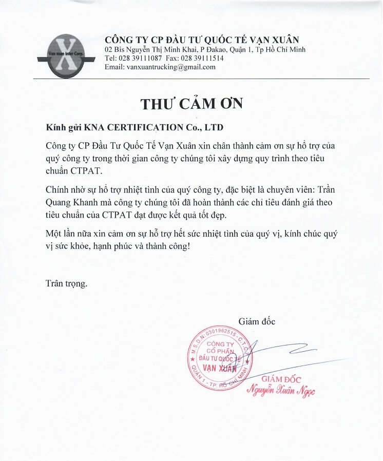 thư cảm ơn đào tạo ctpat công ty vạn xuân