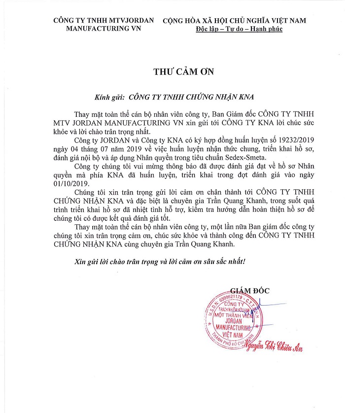 THƯ CẢM ƠN CỦA CÔNG TY JORDAN 