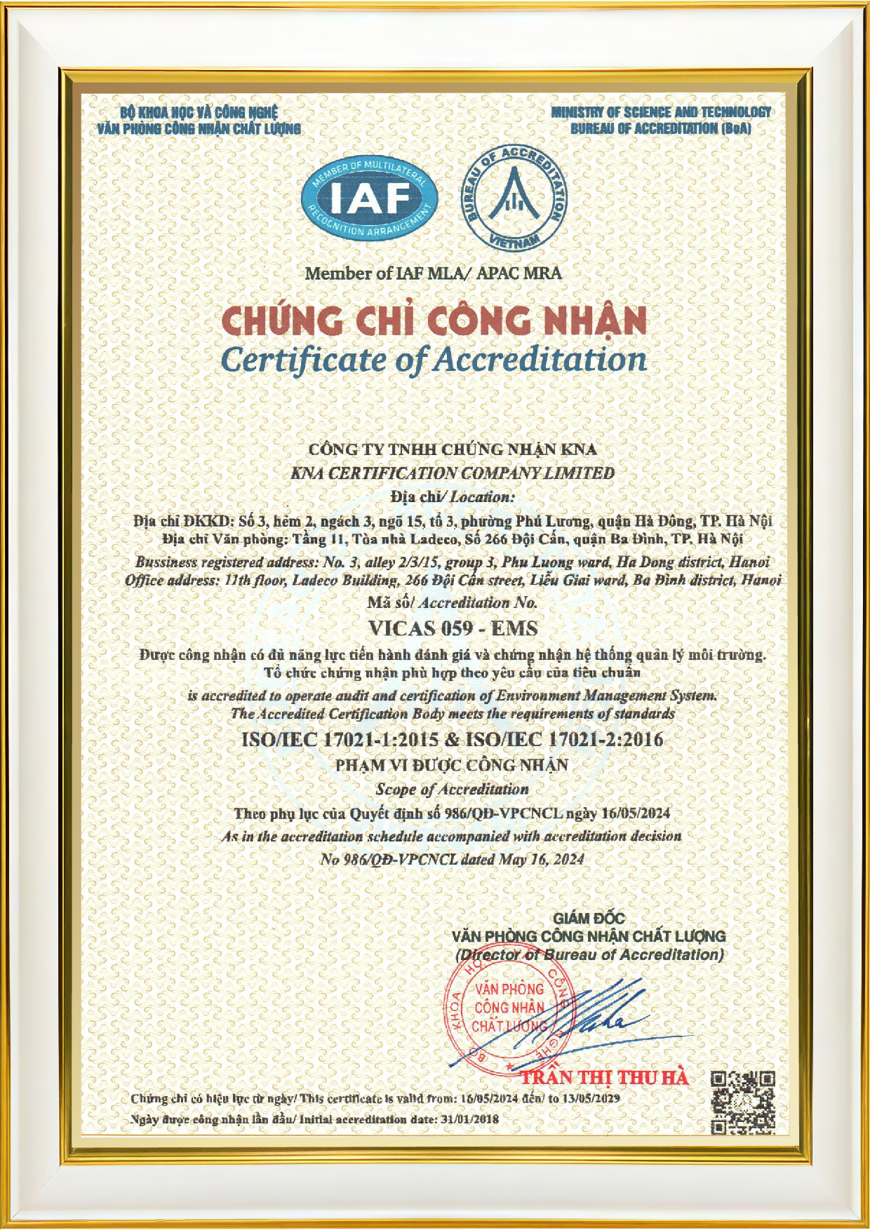 Chứng chỉ VICAS 059-EMS