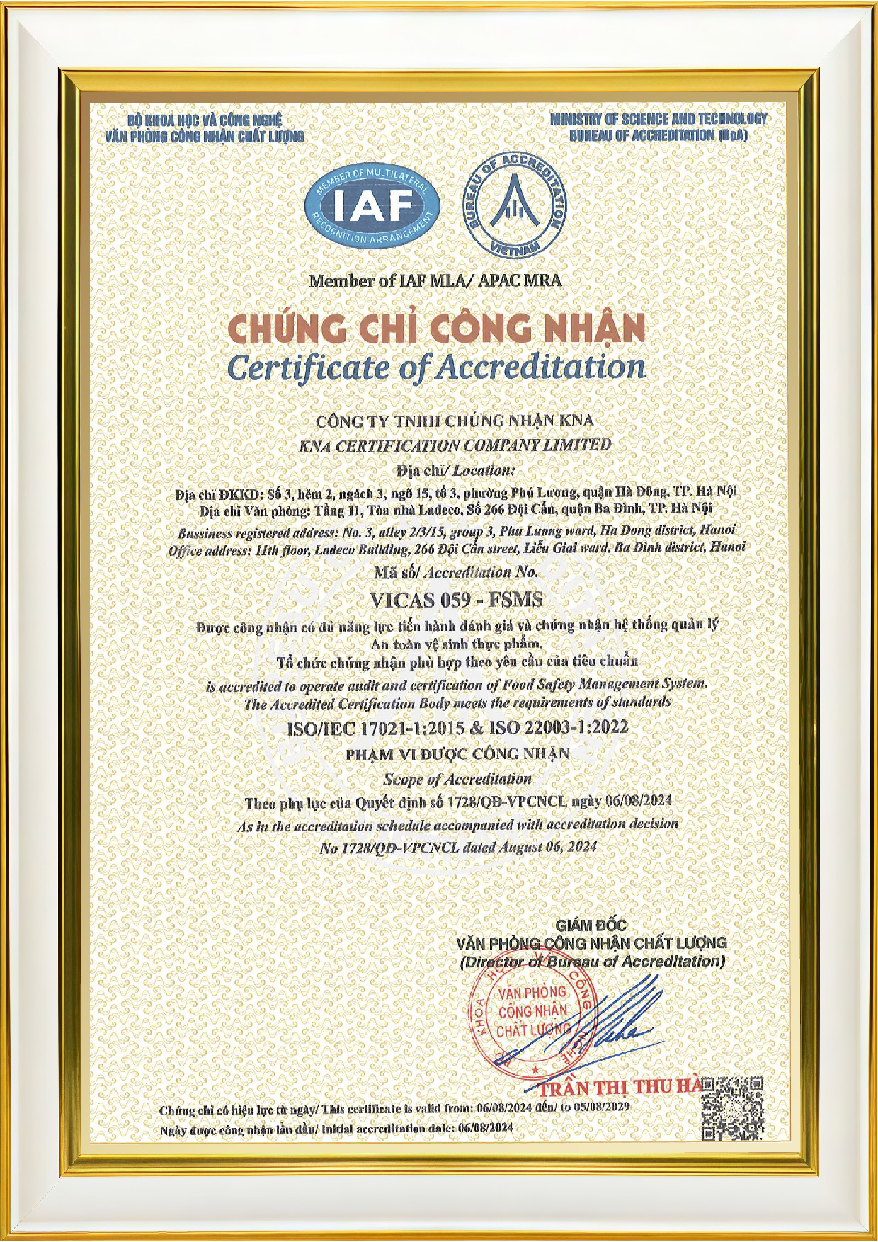 Chứng chỉ VICAS 059-FSMS