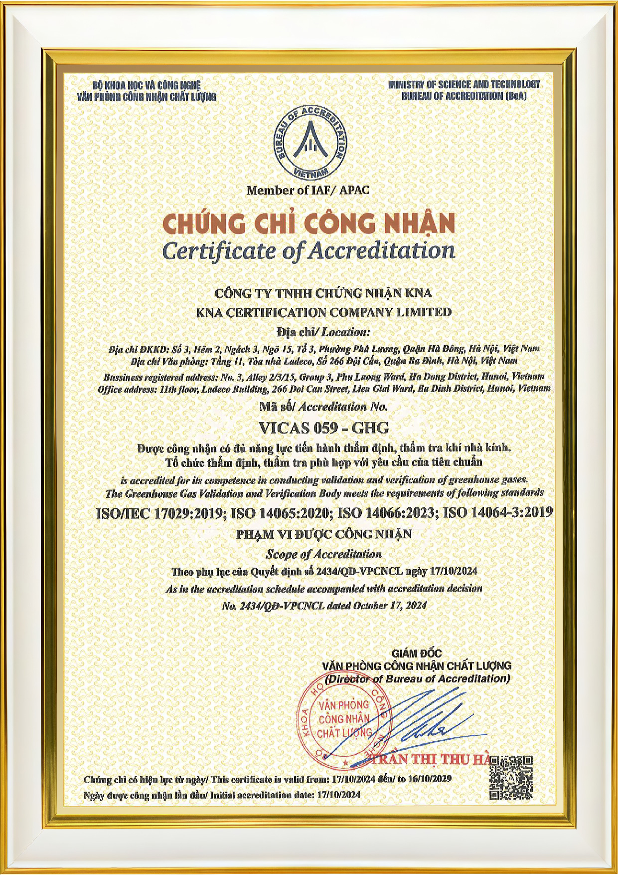 Chứng chỉ VICAS 059-GHG