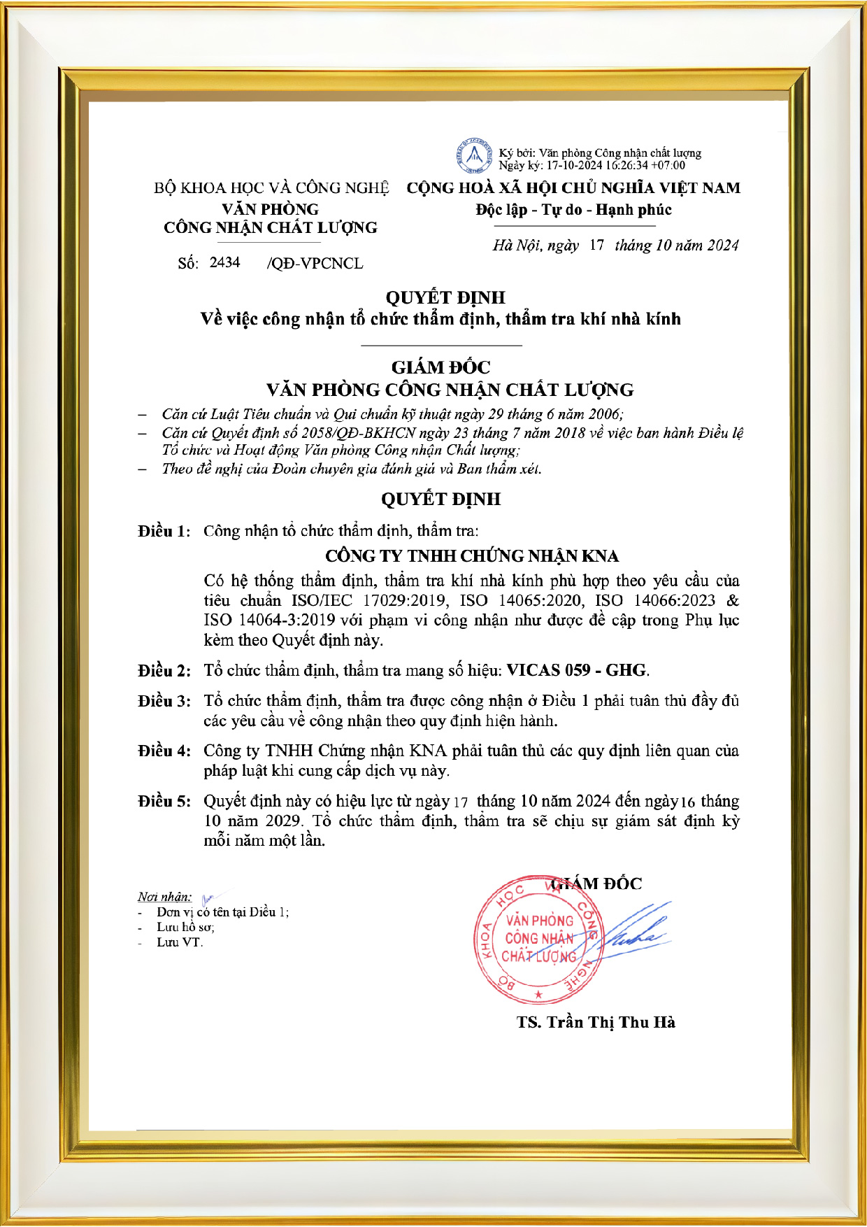 Quyết định về việc công nhận tổ chức thẩm định, thẩm tra khí nhà kính