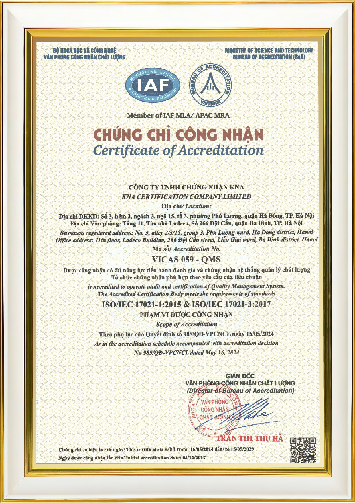 Chứng chỉ VICAS 059-QMS