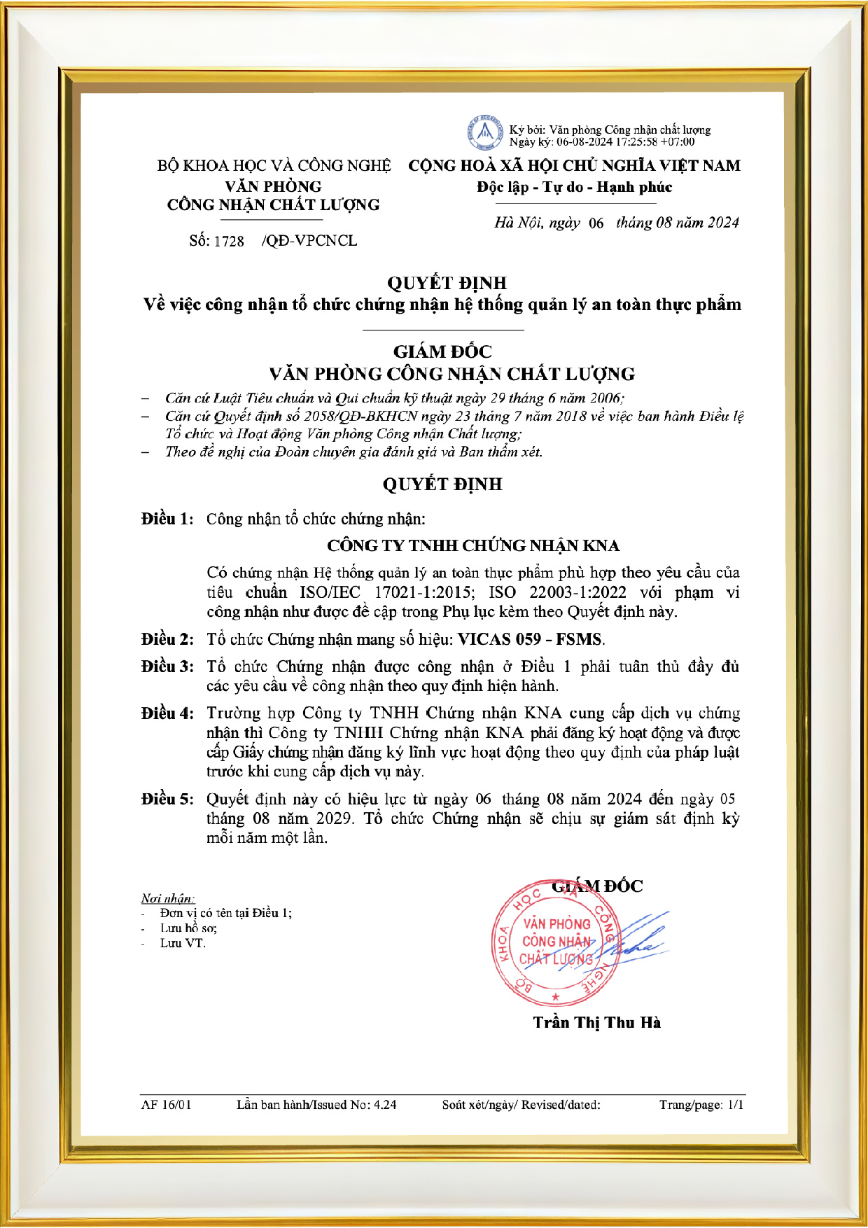 Quyết định công nhận tổ chức chứng nhận hệ thống quản lý an toàn thực phẩm