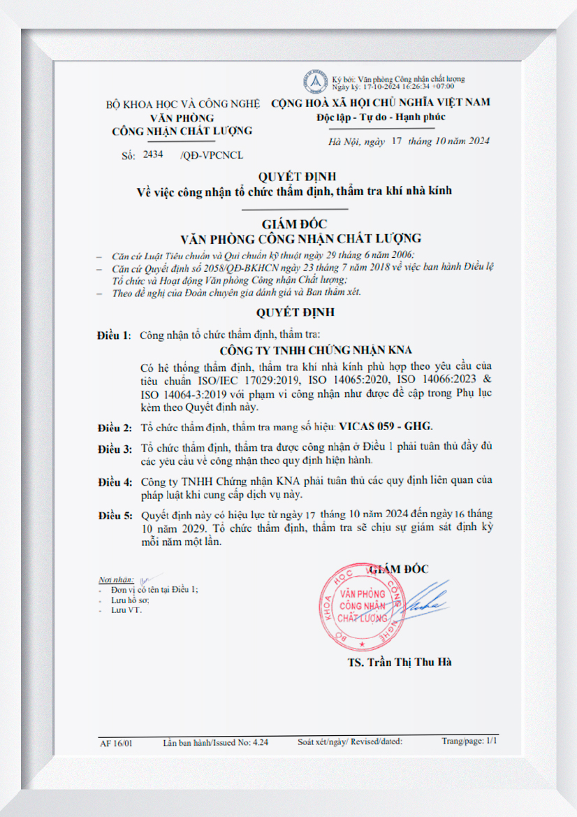 Quyết định về việc công nhận tổ chức thẩm định, thẩm tra khí nhà kính