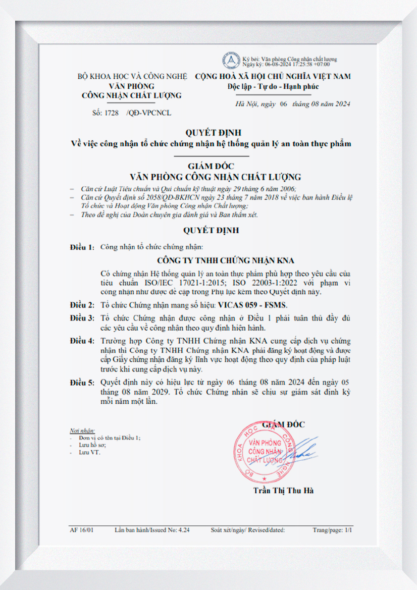 Quyết định công nhận tổ chức chứng nhận hệ thống quản lý an toàn thực phẩm